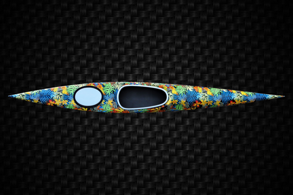Odyssey Katana sit inside recreational kayak, in a colourful jungle print