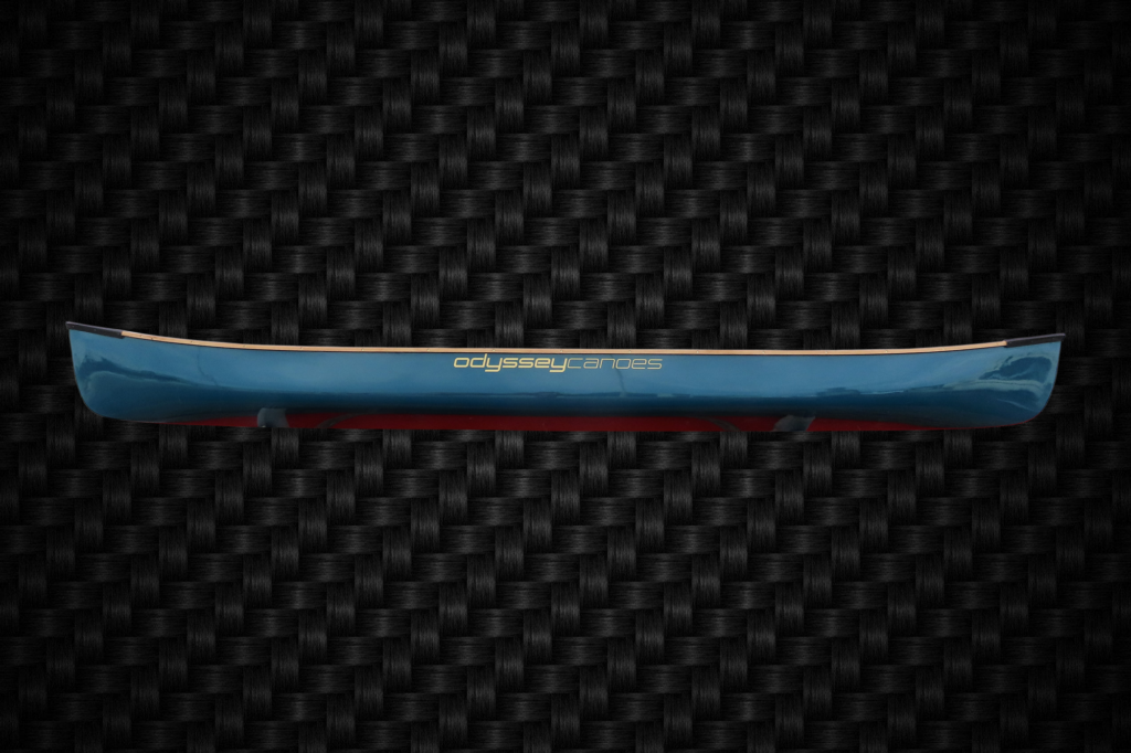 odyssey 16 foot Canoe in blue with wooden gunnels